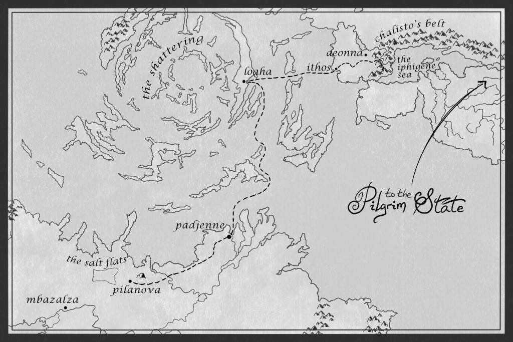 A labelled map showing cities and other details of the Bereni Supercontinent